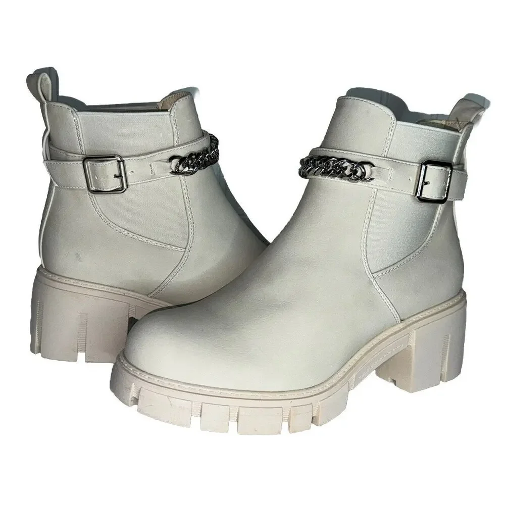 Chelsea Lug Sole Ankle Boots Cream Ivory Beige Silver Chain Buckle Platform 8 M